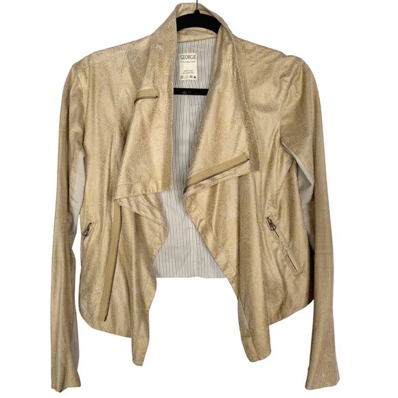 Georgie XSmall Cream Metallic Faux Leather Moto Jacket Foldover Collar Bikercore - Picture 1 of 10